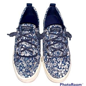 Sperry top sliders floral print fabric leather laces size 6.5 navy
